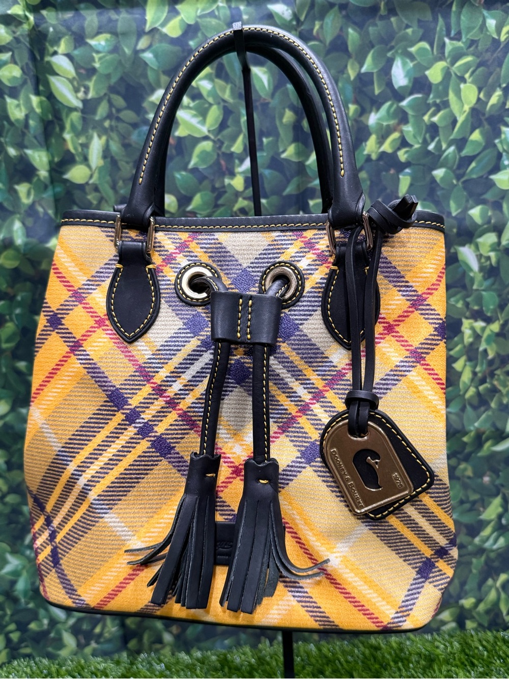 Dooney & Bourke Tartan Plaid Drawstring Satchel Yellow Purple Coated Canvas